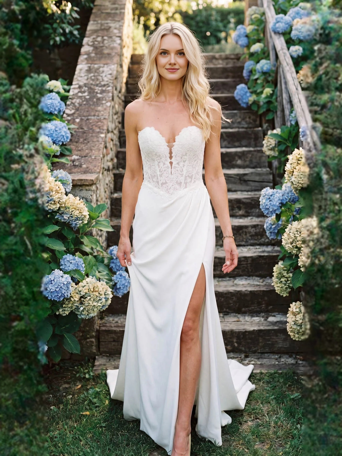 Corset Front-Slit Slit Sweetheart Mermaid Floor-Length Crepe Wedding Dress for Garden Wedding