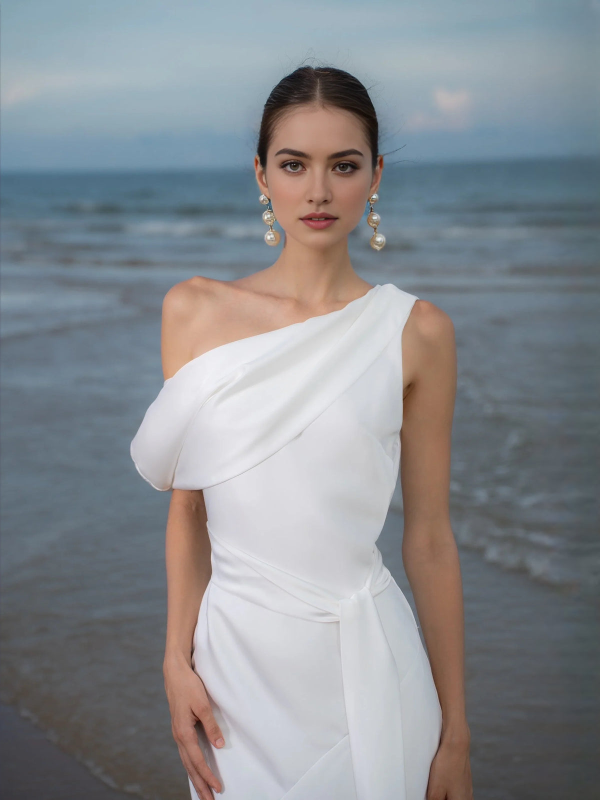Draped One Shoulder Sheath Floor-Length Satin Wedding Dress for Seaside Wedding