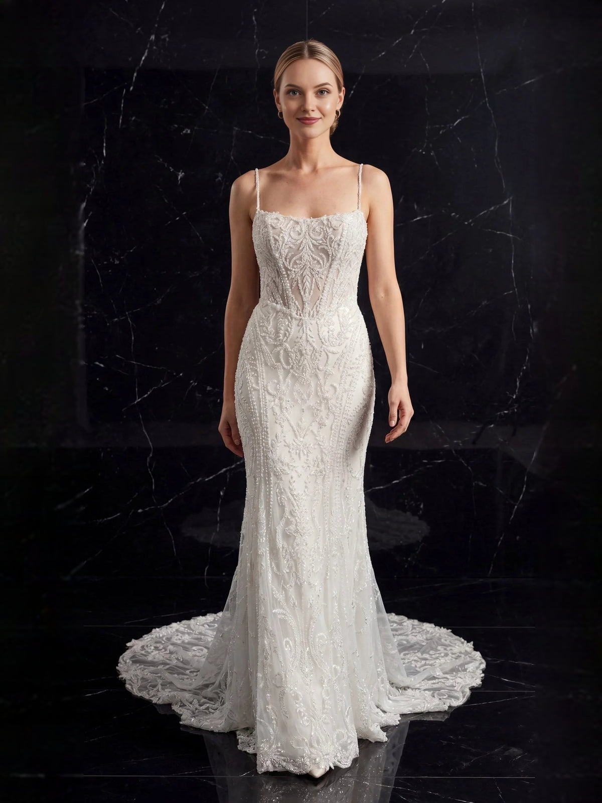 Beaded Sequin Sweetheart Mermaid Floor-Length Tulle Wedding Dress for Formal Reception