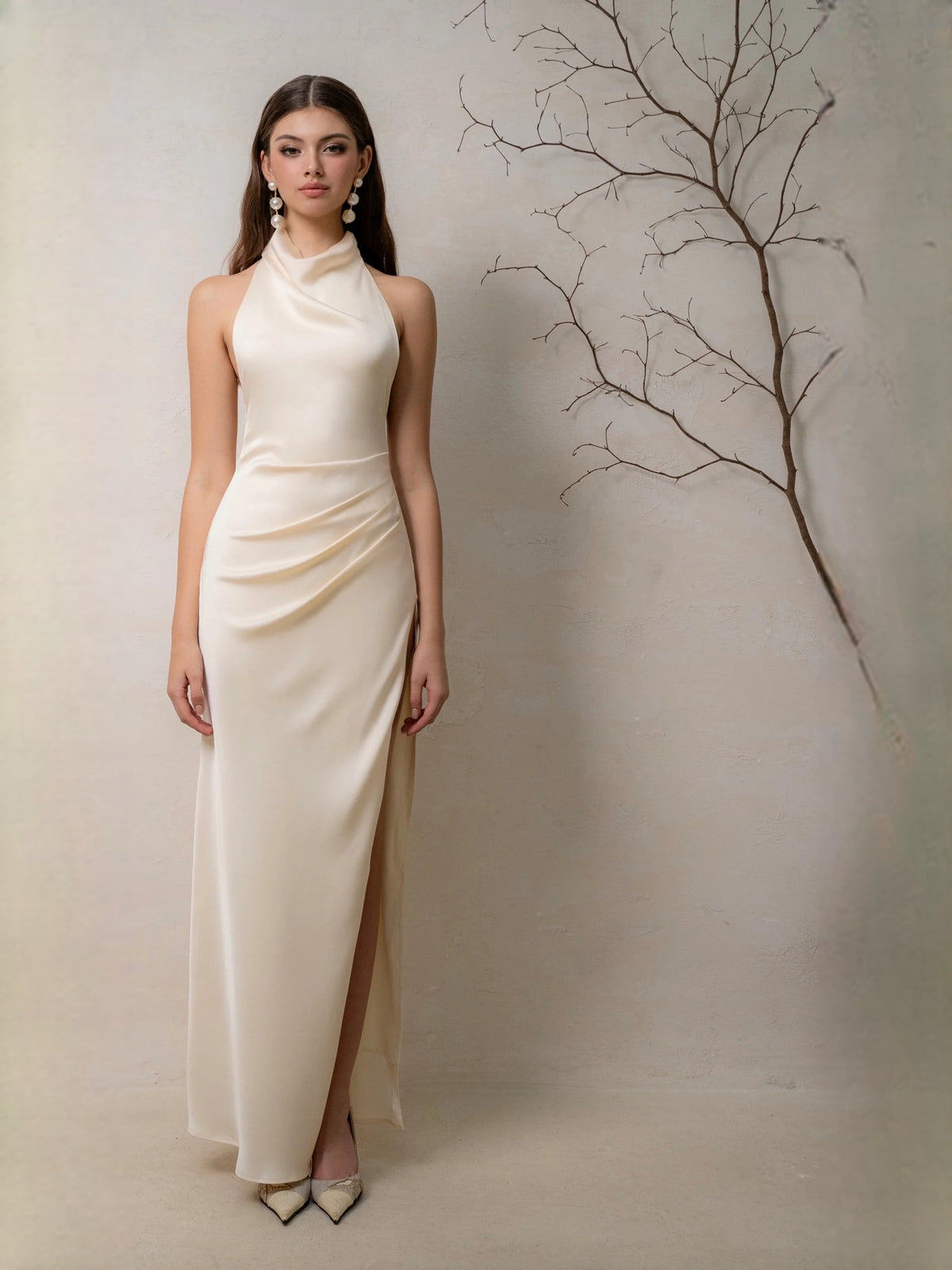 Ruched Side-Slit Slit Cowl Neck Sheath Maxi Satin Bridesmaid Dress for Estate Wedding
