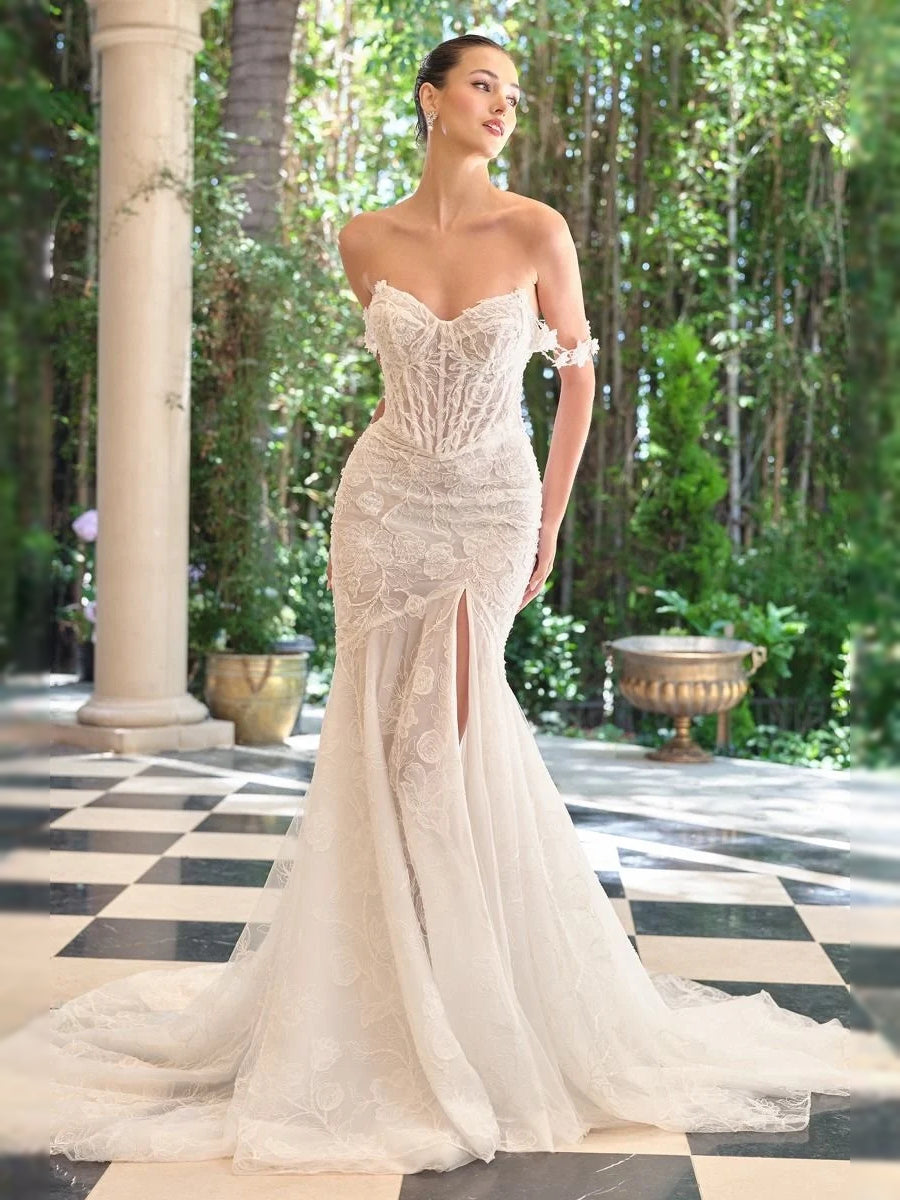 Corset Layered Floral Slit V Neck Mermaid Floor-Length Tulle Wedding Dress for Wedding Ceremony