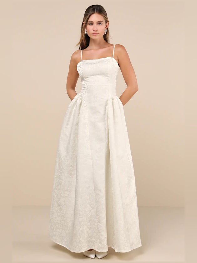 Ivory Floral Spaghetti Strap A-Line Maxi Formal Dress
