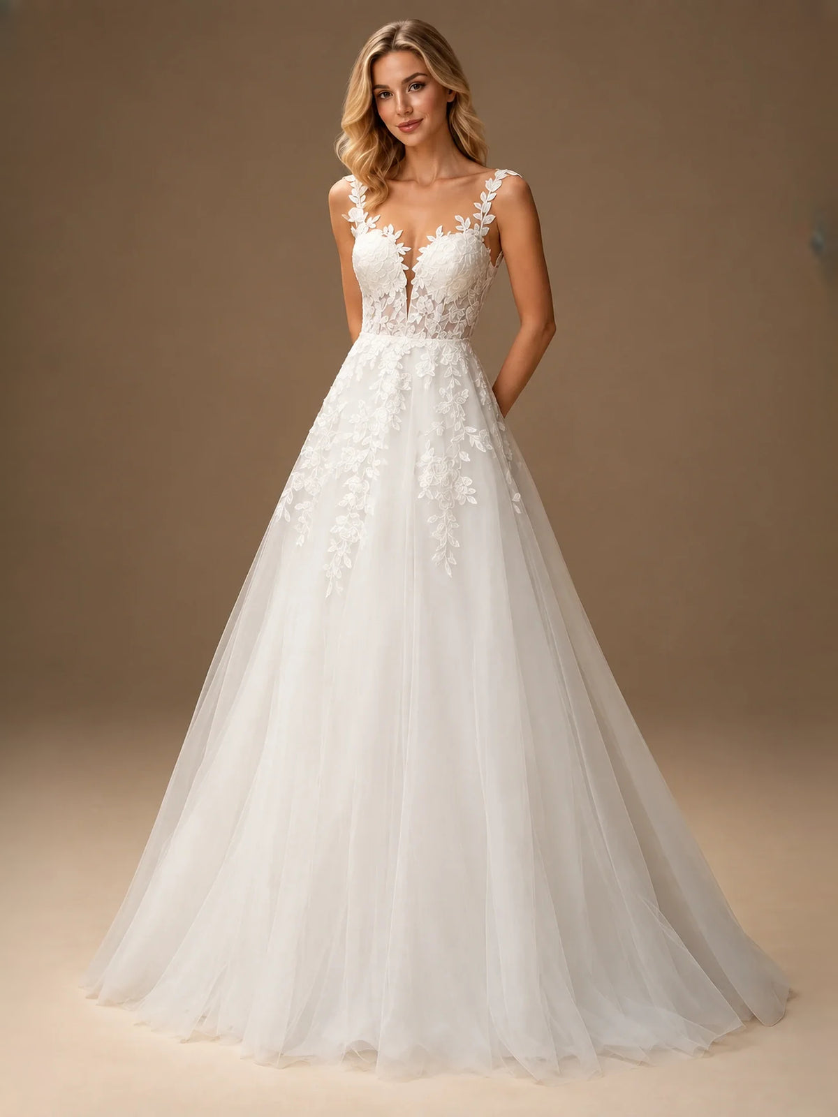 Layered Floral V Neck A-Line Floor-Length Wedding Dress for Wedding Ceremony