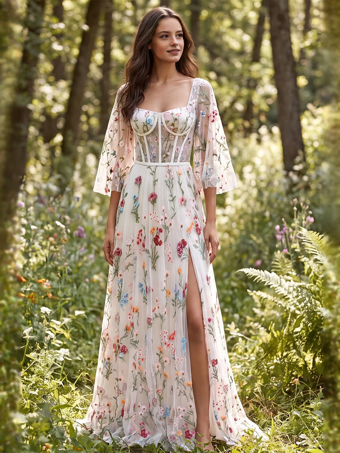 Corset Front-Slit Floral Slit Square Neck A-Line Maxi Tulle Bridesmaid Dress for Estate Wedding