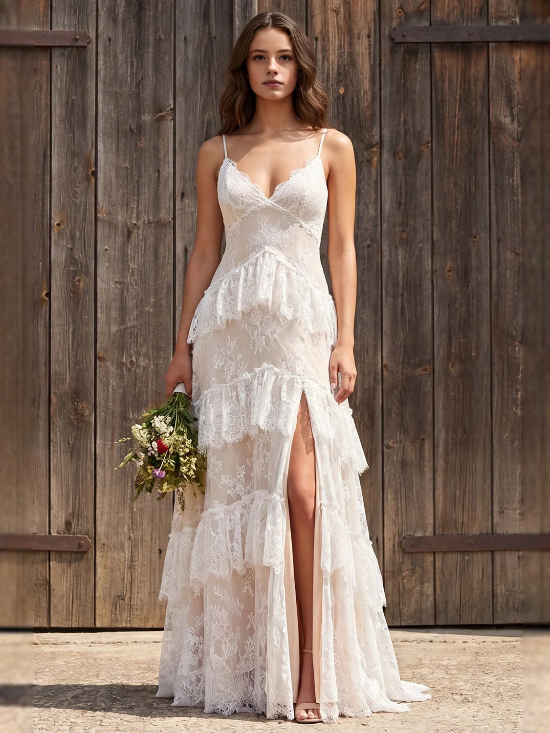 Tiered Layered Floral Ruffled Slit V Neck A-Line Floor-Length Wedding Dress for Formal Reception