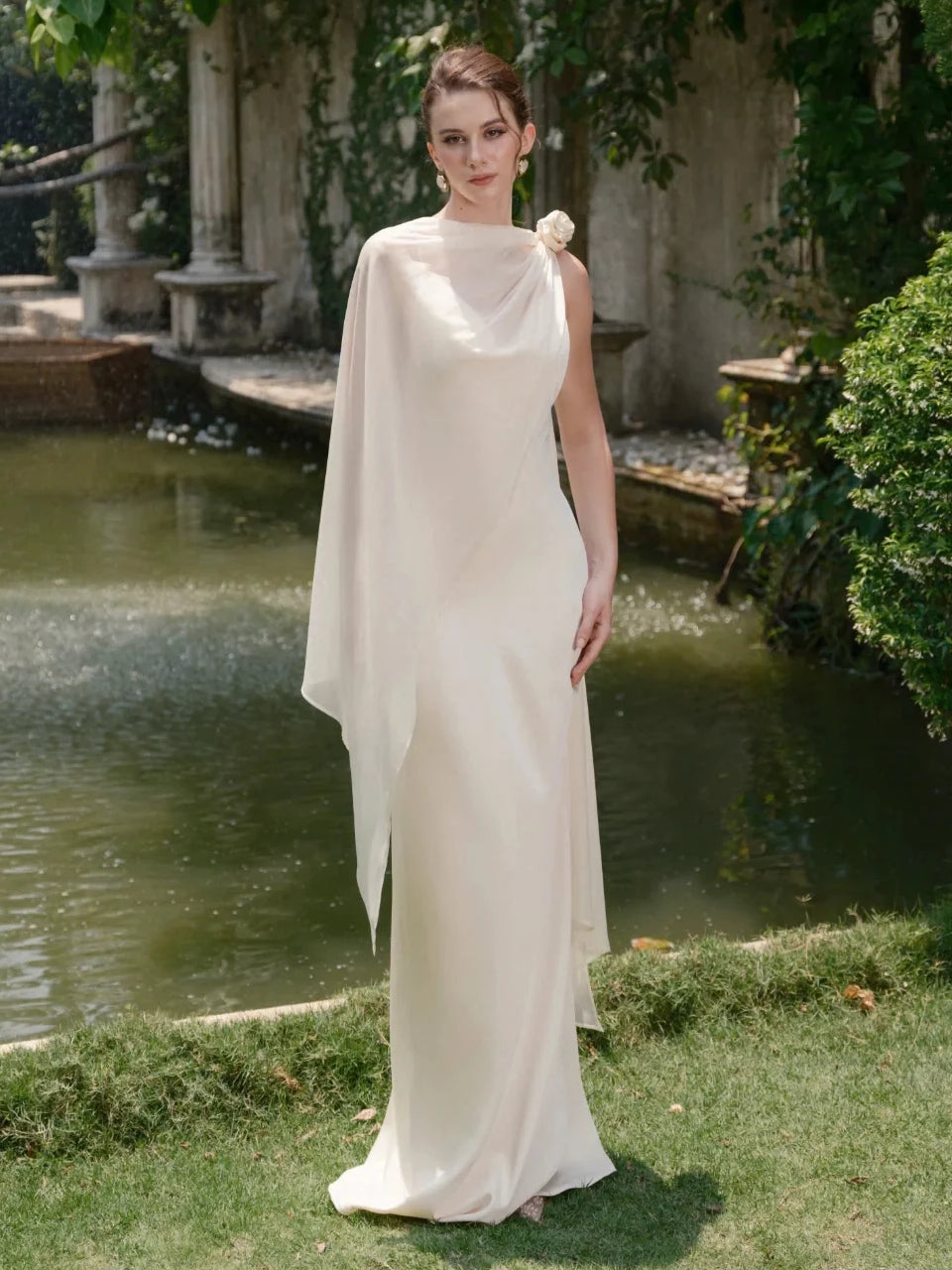 Floral Cowl Neck Sheath Floor-Length Satin Wedding Dress for Bridal Portraits