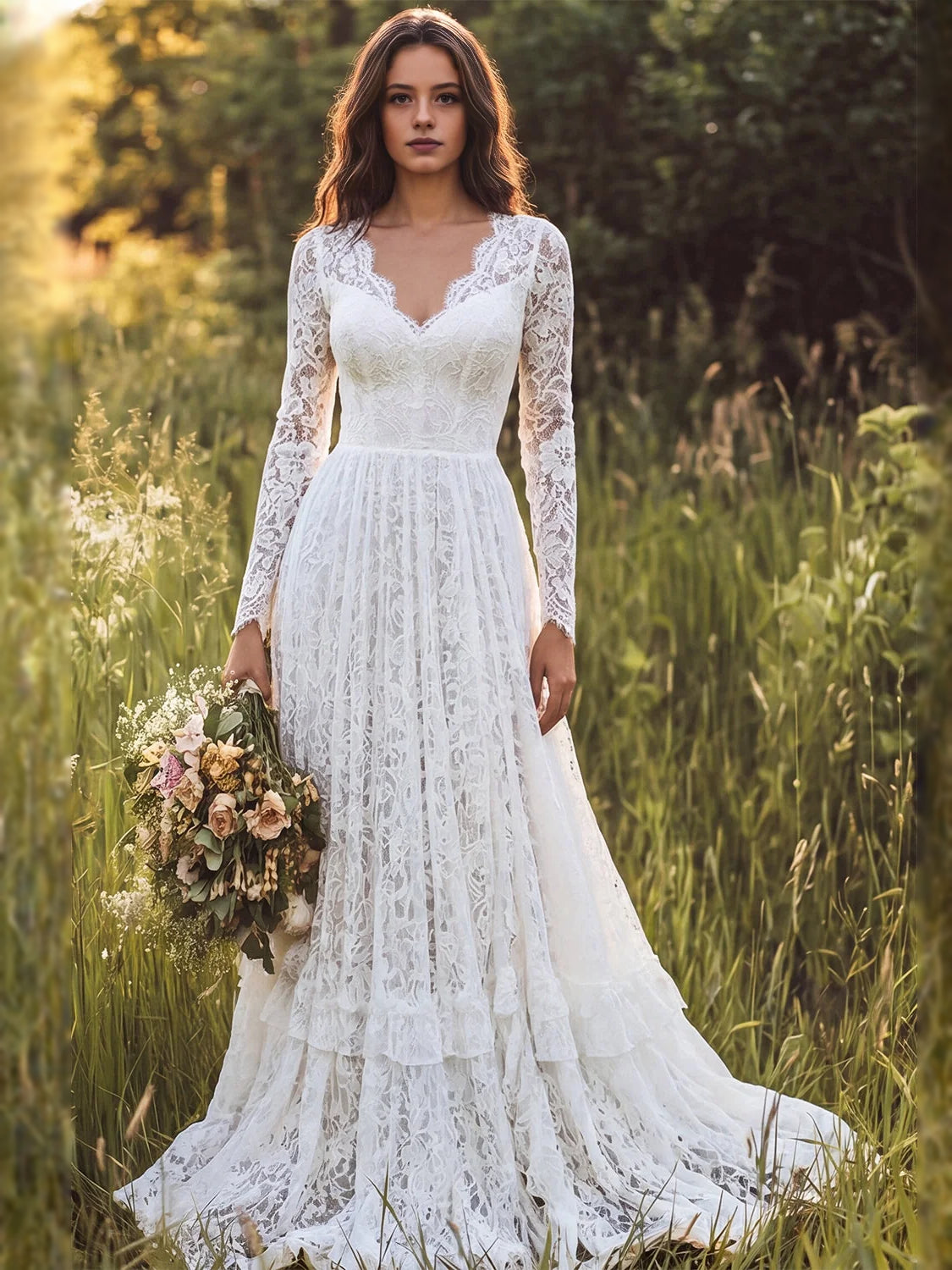 Tiered Layered Floral Ruffled V Neck A-Line Floor-Length Wedding Dress for Formal Reception