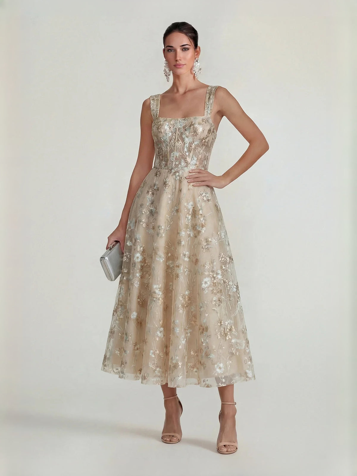 Corset Embroidered Floral Square Neck A-Line Midi Tulle Prom Dress for Charity Ball