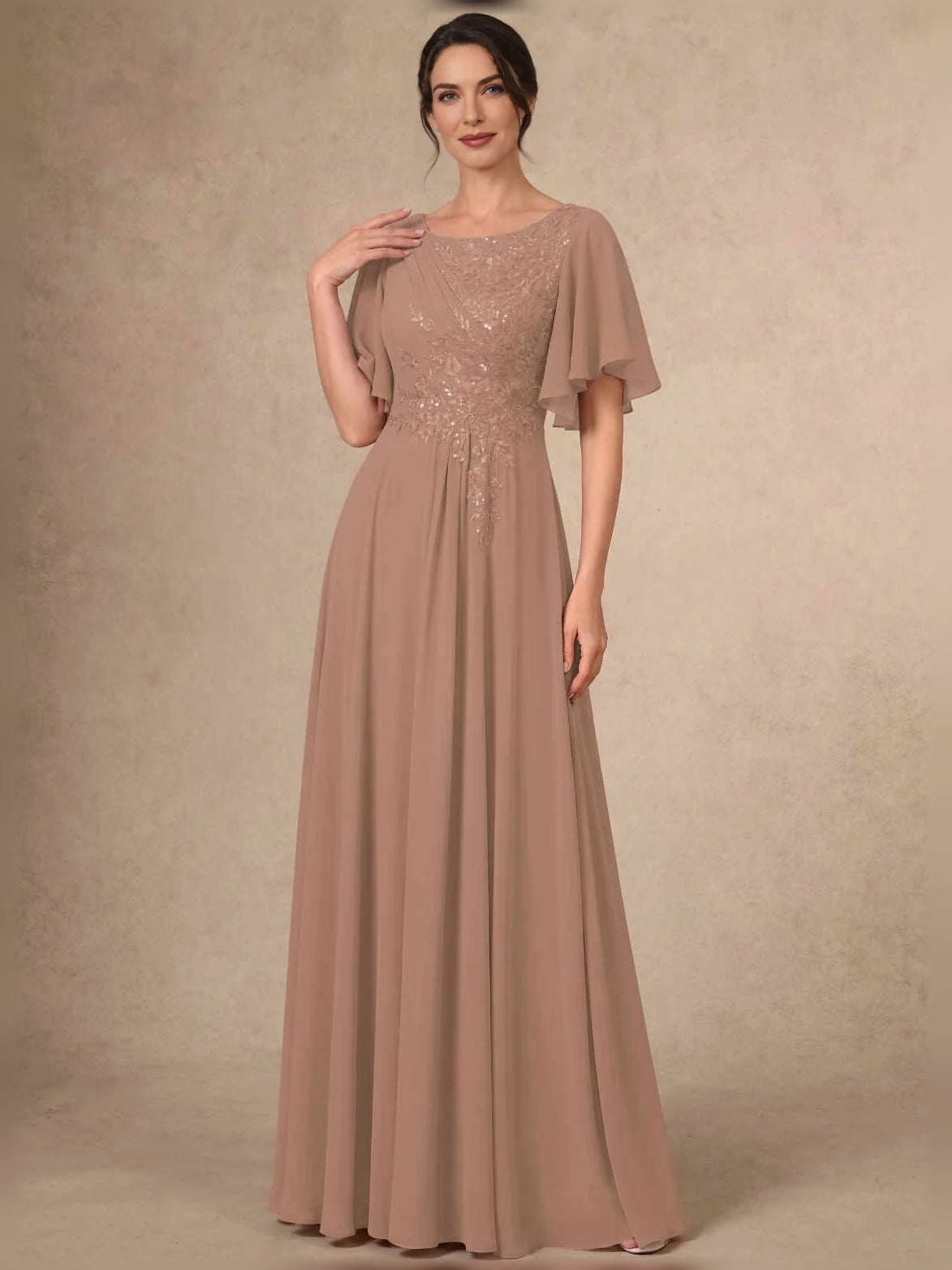 Sequin Bateau Neck A-Line Maxi Chiffon Mother of the Bride Dress for Rehearsal Dinner