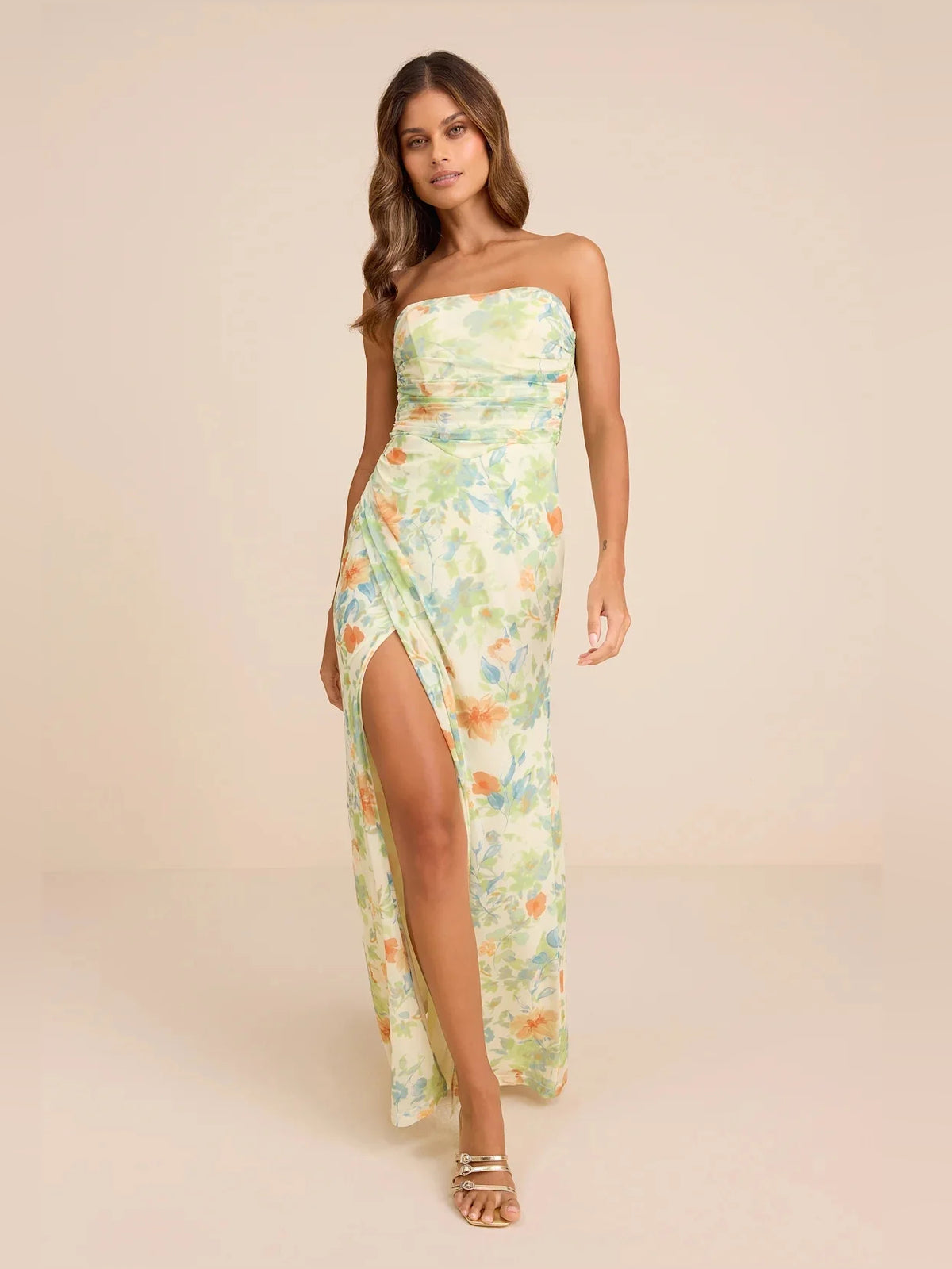Ruched Back-Slit Slit V Neck Mermaid Maxi Crepe Bridesmaid Dress for Destination Wedding