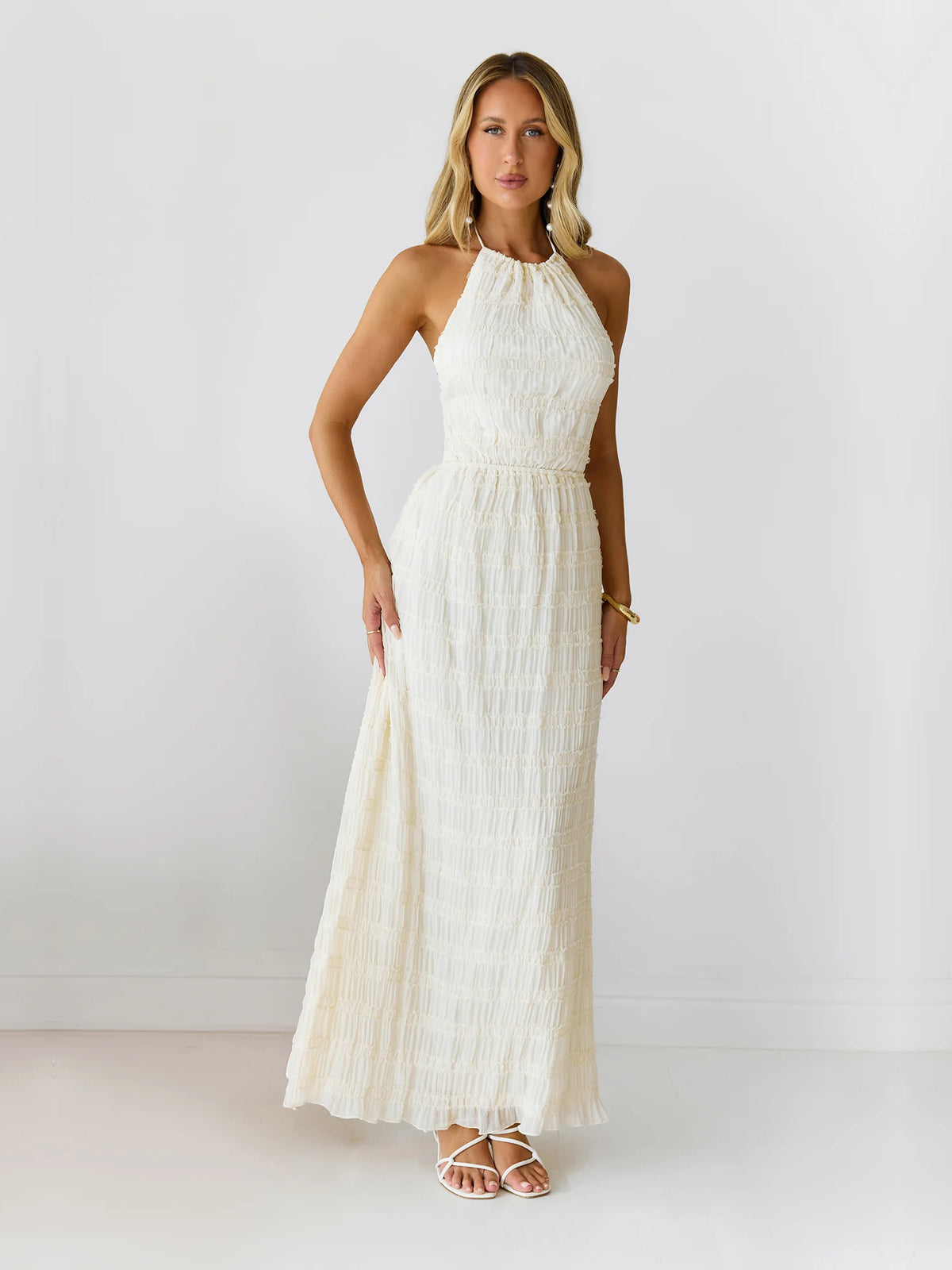 Cream Halter Neck A-Line Maxi Formal Dress