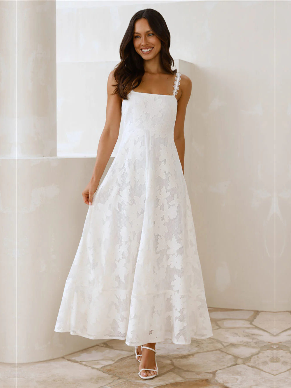 Cream Square Neck A-Line Maxi Formal Dress