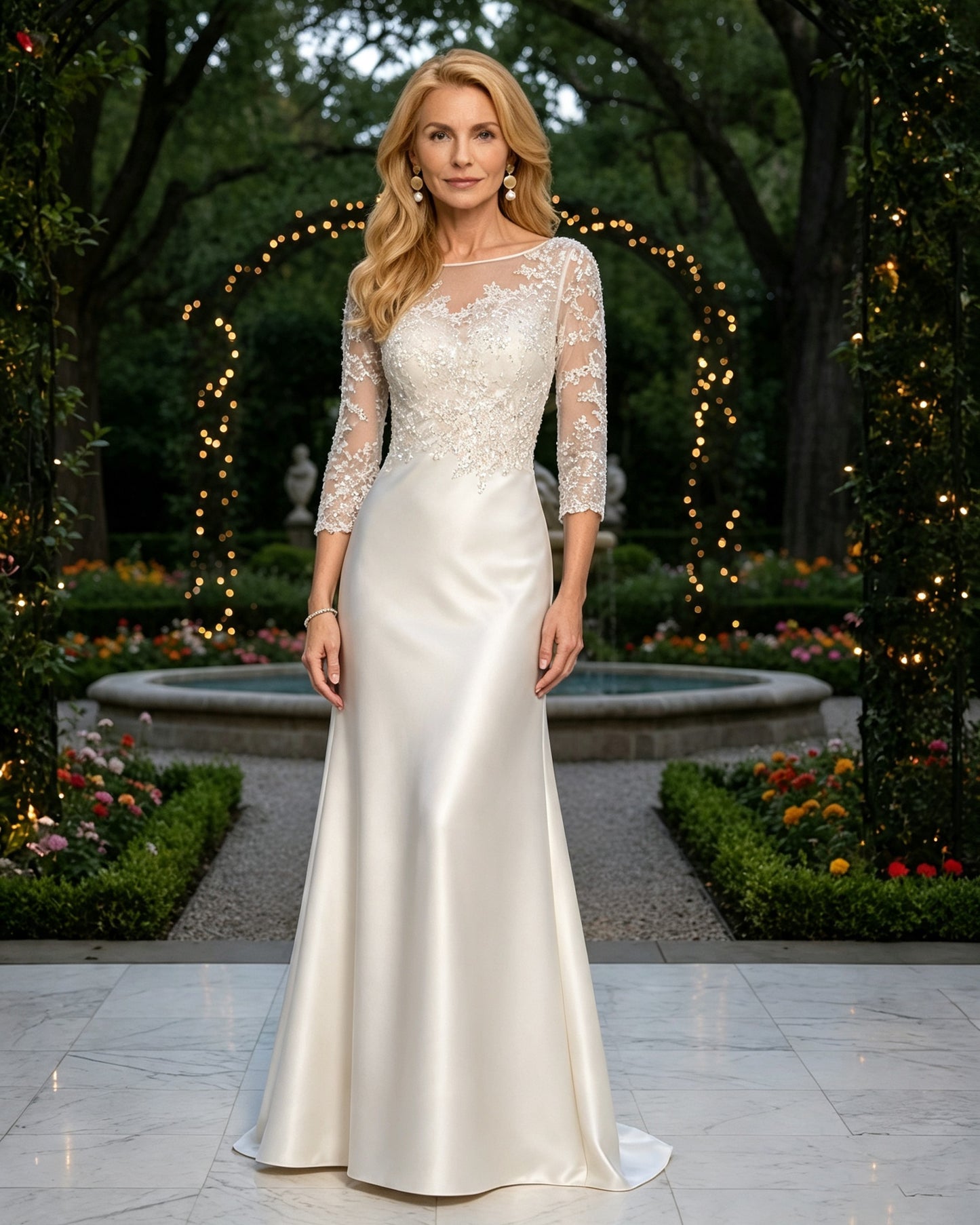 Illusion Lace and Satin Mother of the Bride Dress with Beaded Bodice