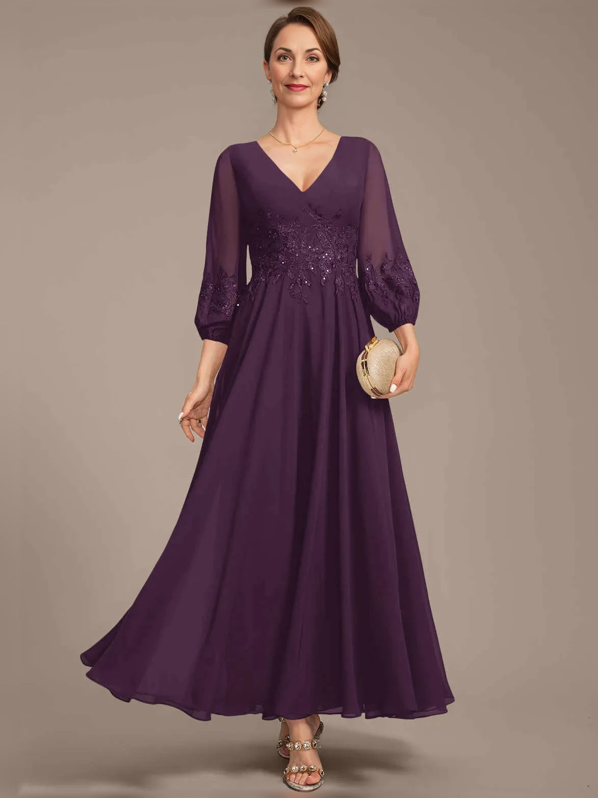 V Neck A-Line Floor-Length Chiffon Mother of the Bride Dress for Formal Ceremony