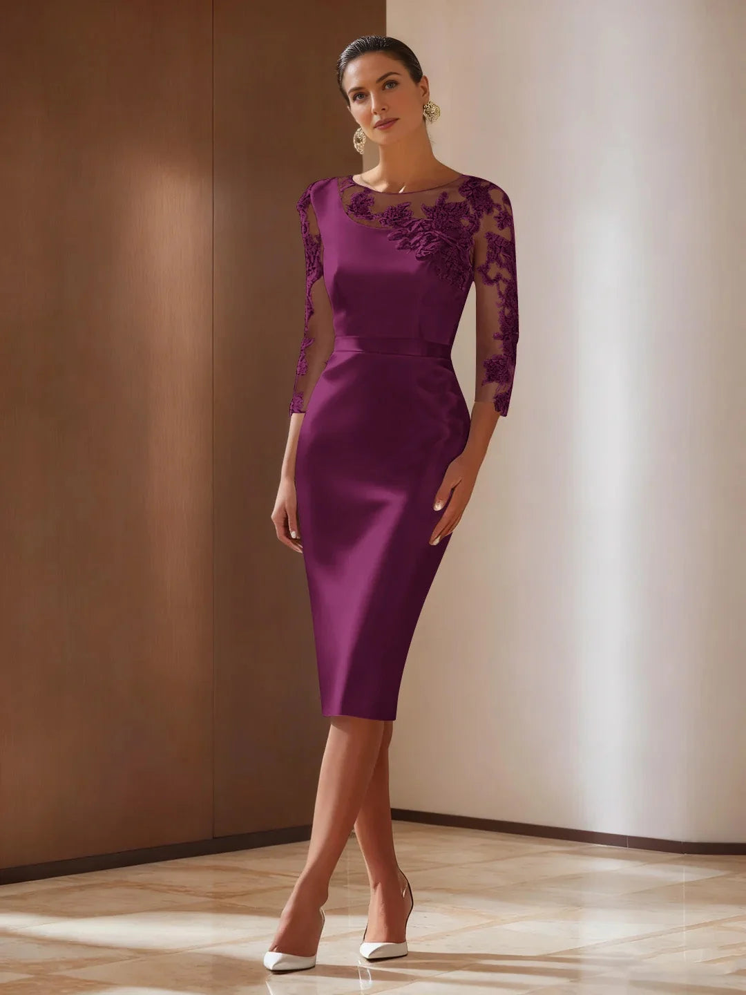 Pleated Draped V Neck A-Line Midi Satin Mother of the Bride Dress for Church Wedding