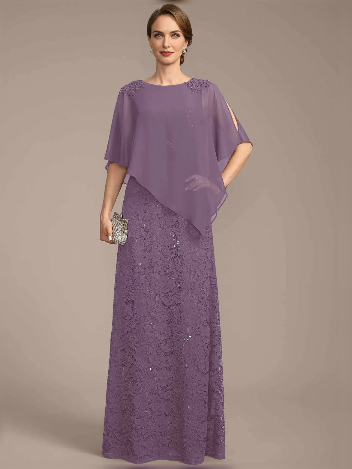 Sequin Bateau Neck Sheath Floor-Length Chiffon Mother of the Bride Dress for Formal Dinner
