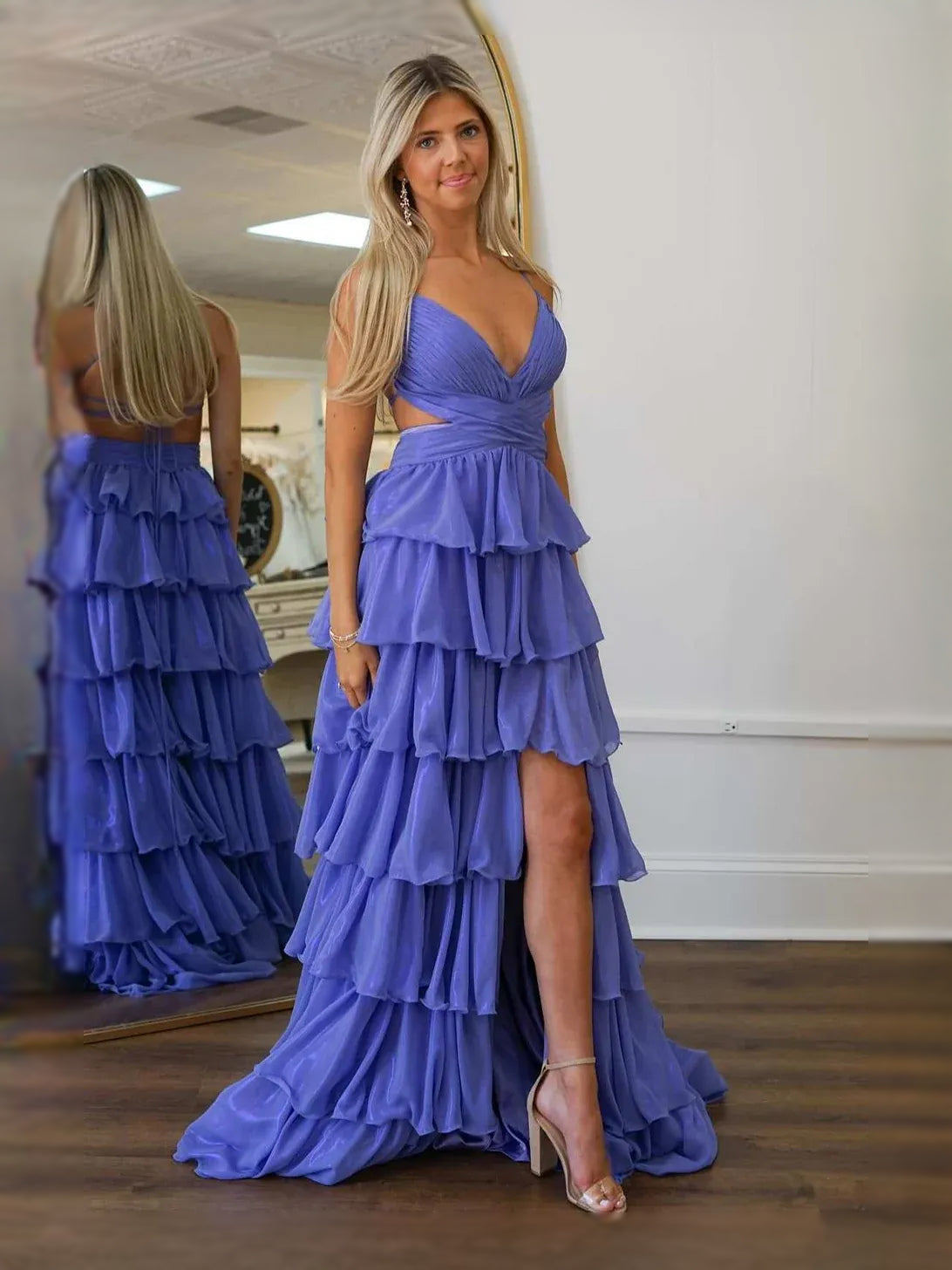 Purple Ruched Draped Ruffled Slit Backless V Neck A-Line Maxi Chiffon Prom Dress for Awards Dinner