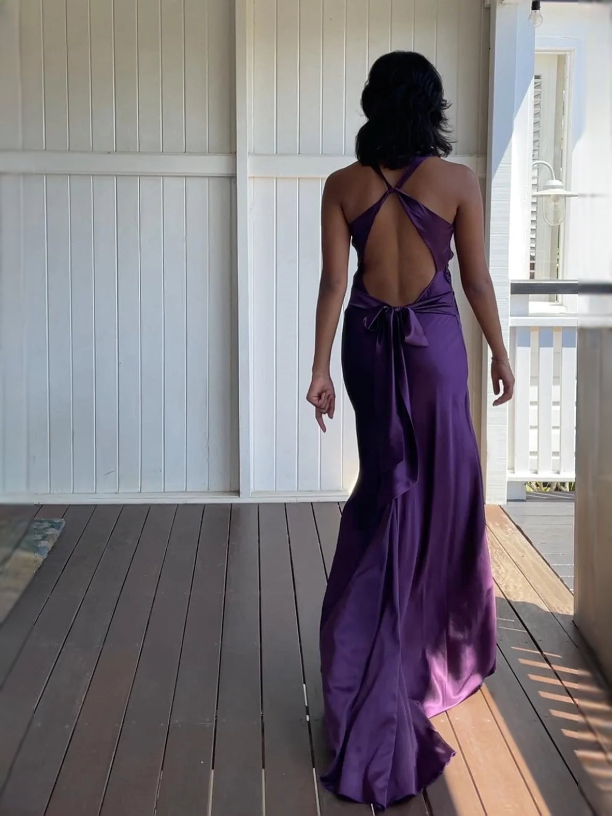 Bow V Neck Sheath Floor-Length Satin Bridesmaid Dress for Garden Wedding