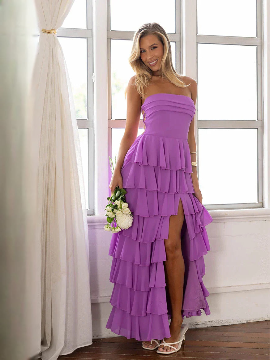 Tiered Ruffled Slit Strapless A-Line Maxi Prom Dress for Charity Ball