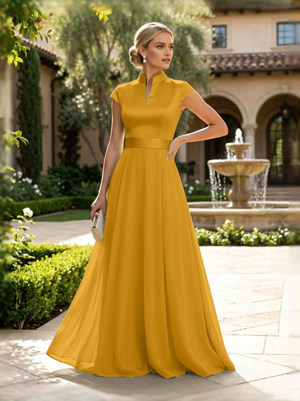 Slit High Neck A-Line Floor-Length Satin Mother of the Bride Dress for Bridal Luncheon