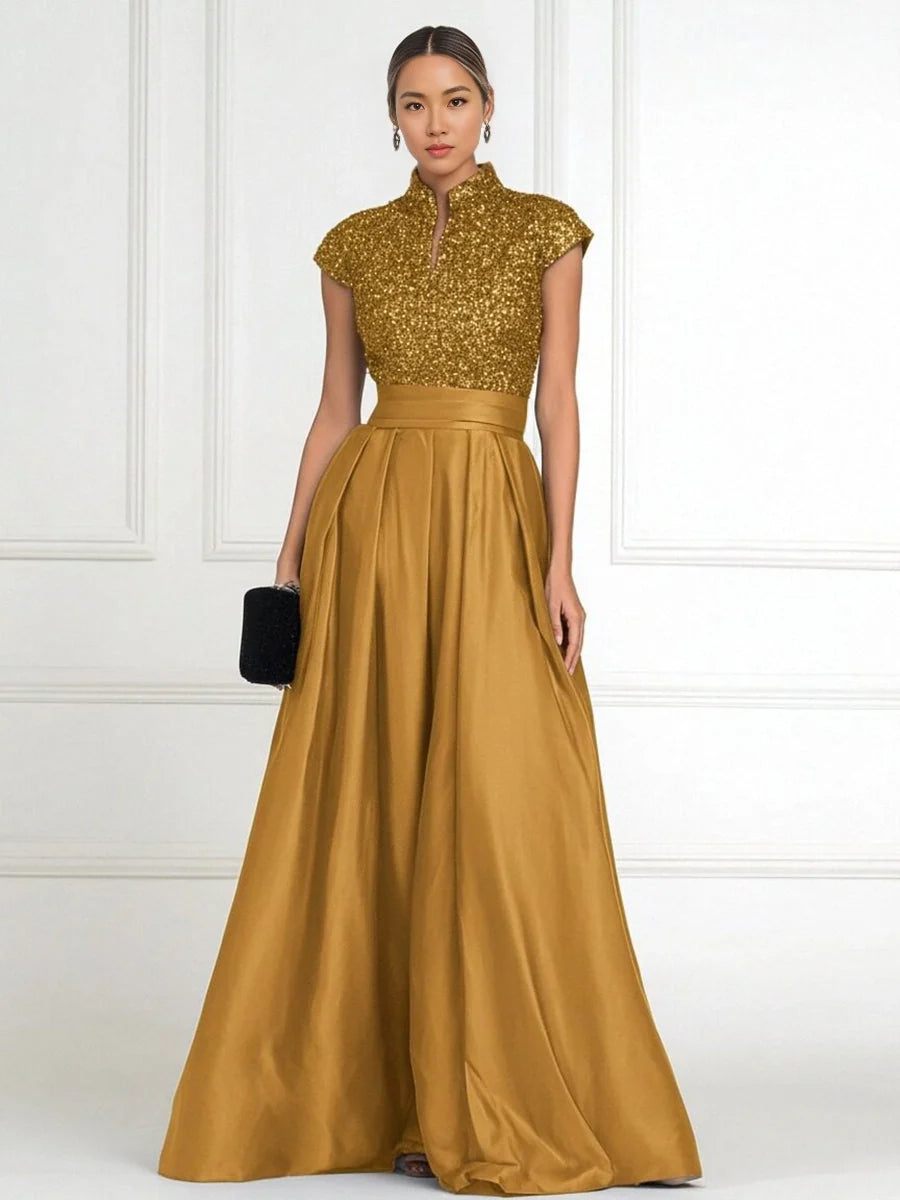 Pleated Sequin High Neck A-Line Floor-Length Satin Mother of the Bride Dress for Ceremony Dinner