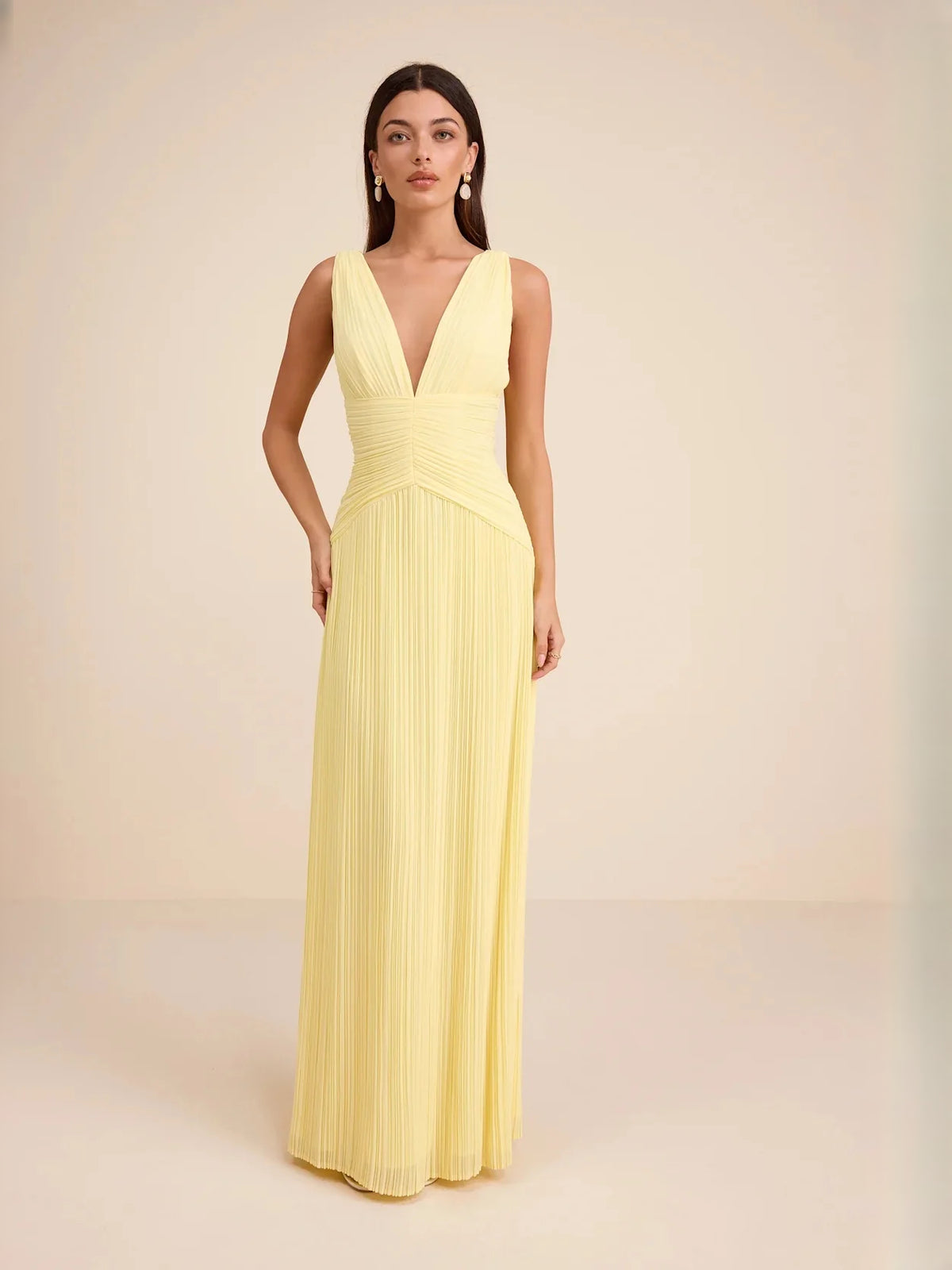 Ruched Tiered Ruffled V Neck Column Maxi Chiffon Bridesmaid Dress for Wedding Reception