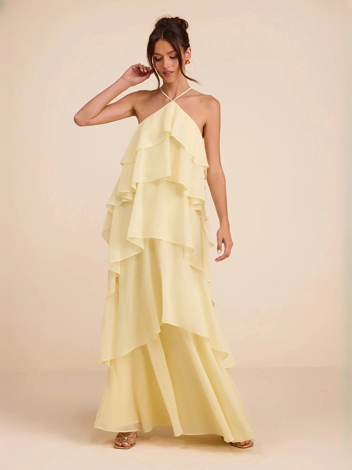 Draped Tiered Ruffled V Neck A-Line Maxi Chiffon Bridesmaid Dress for Wedding Reception