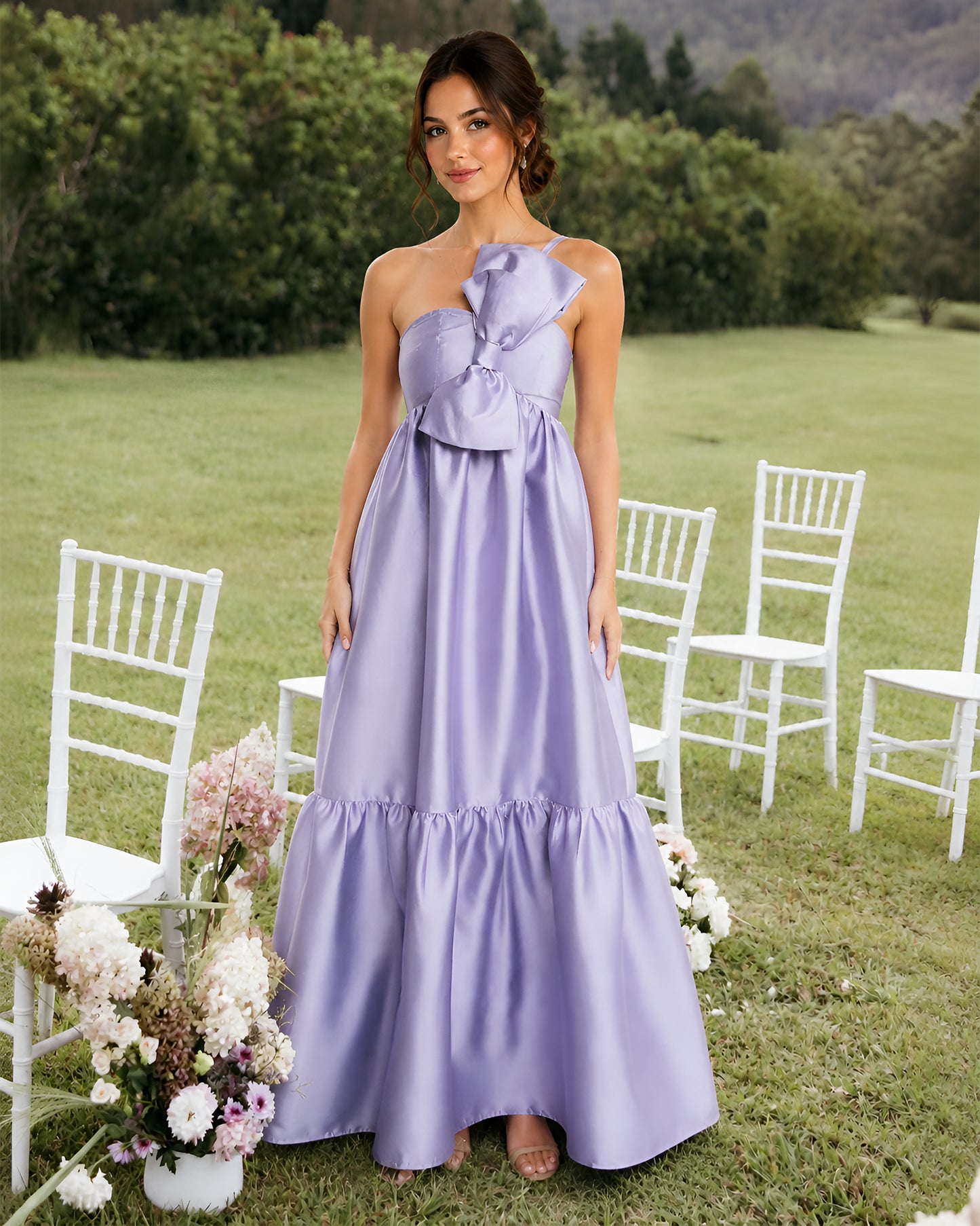 One-Shoulder Satin A-Line Bridesmaid Dress with Statement Ruffle