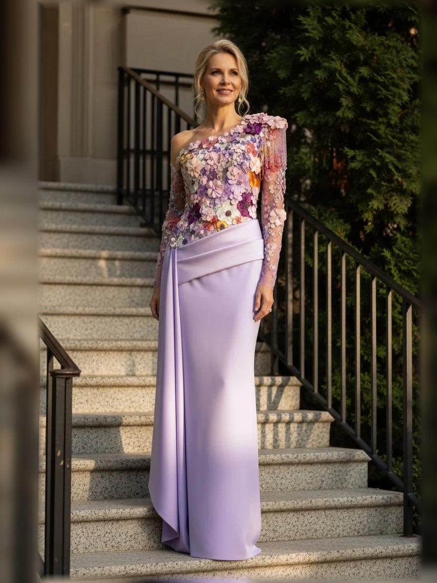 Draped Flower-Applique Floral One Shoulder A-Line Floor-Length Tulle Mother of the Bride Dress for Wedding Weekend