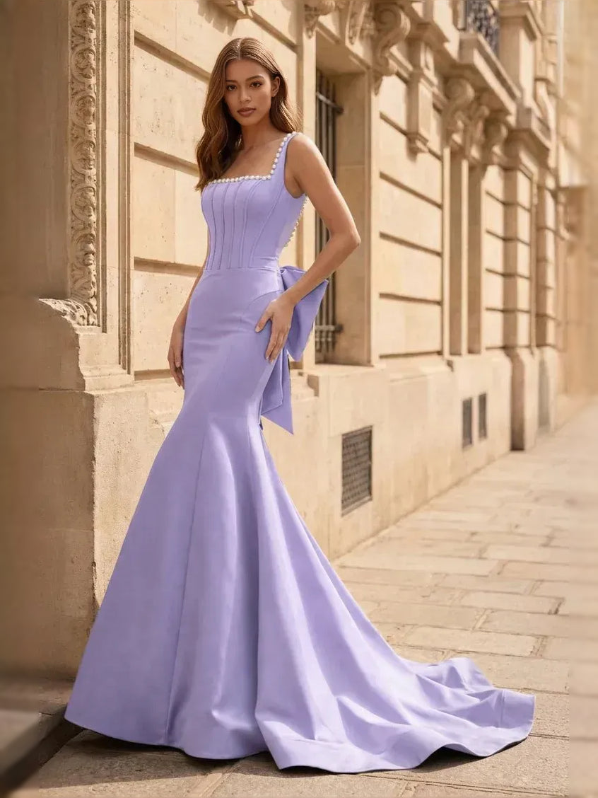 Corset Bow Square Neck Mermaid Floor-Length Satin Prom Dress for Special Occasion