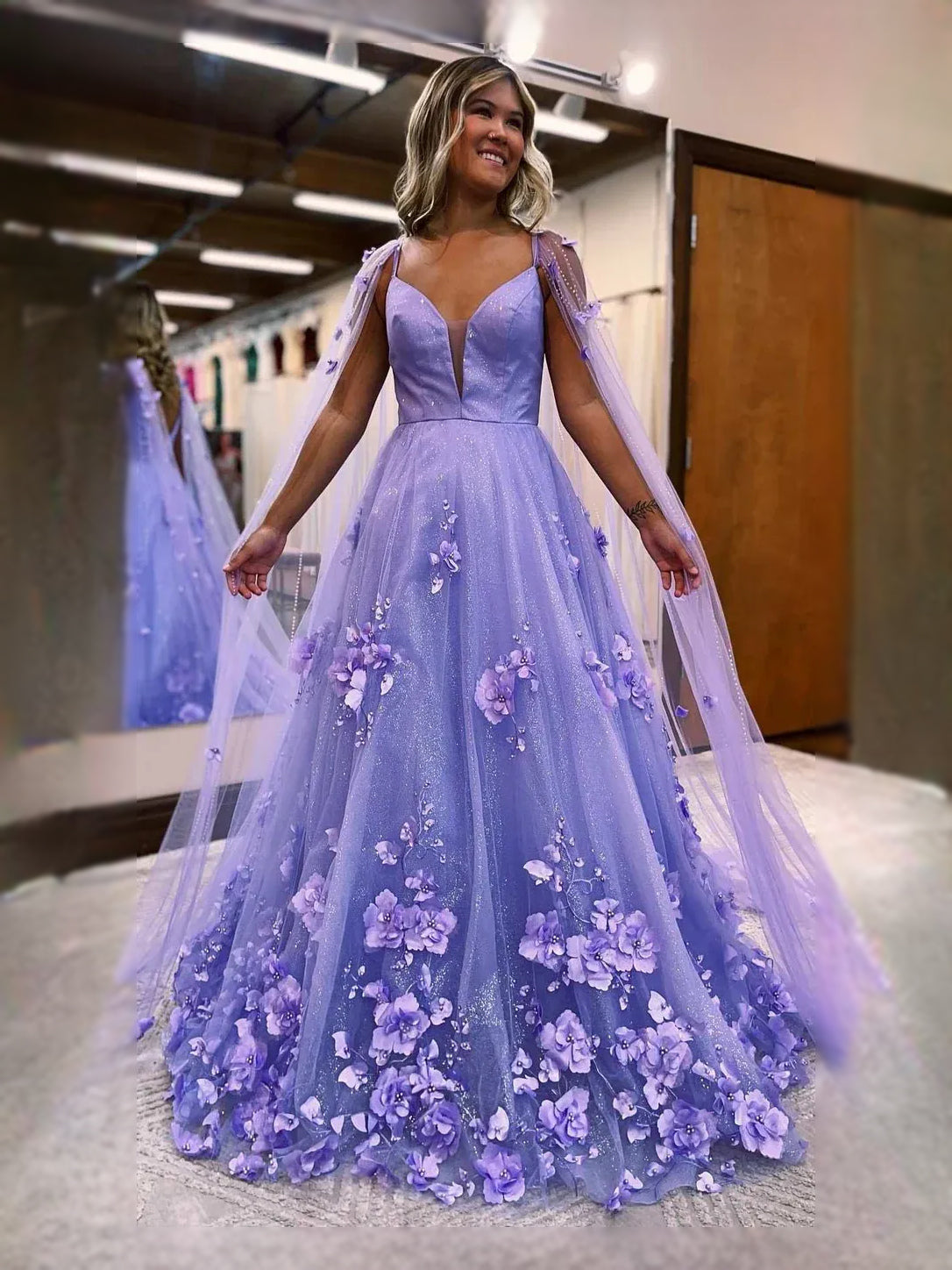 Draped Flower-Applique Floral Backless V Neck A-Line Maxi Tulle Prom Dress for Evening Banquet