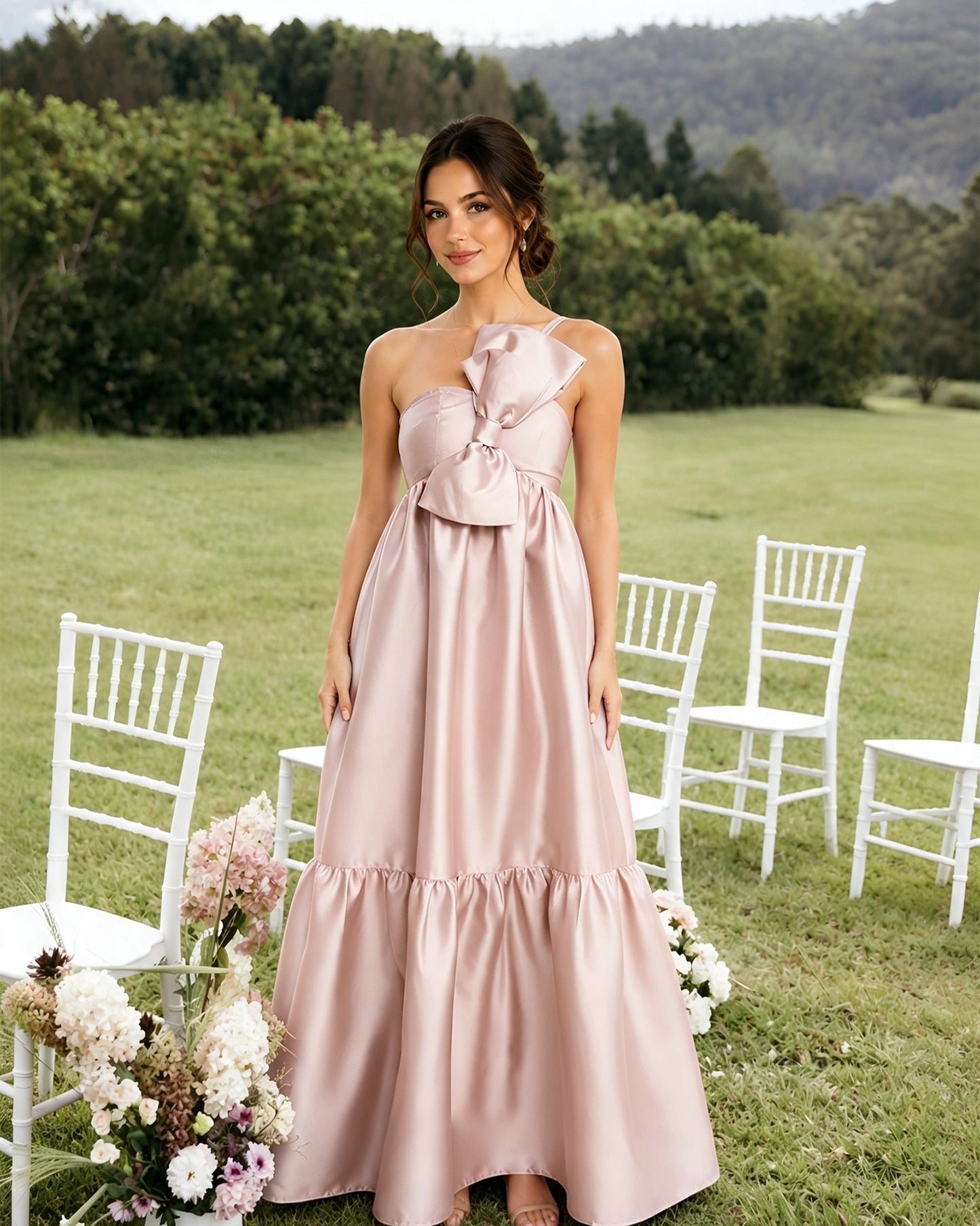 One-Shoulder Satin A-Line Bridesmaid Dress with Statement Ruffle