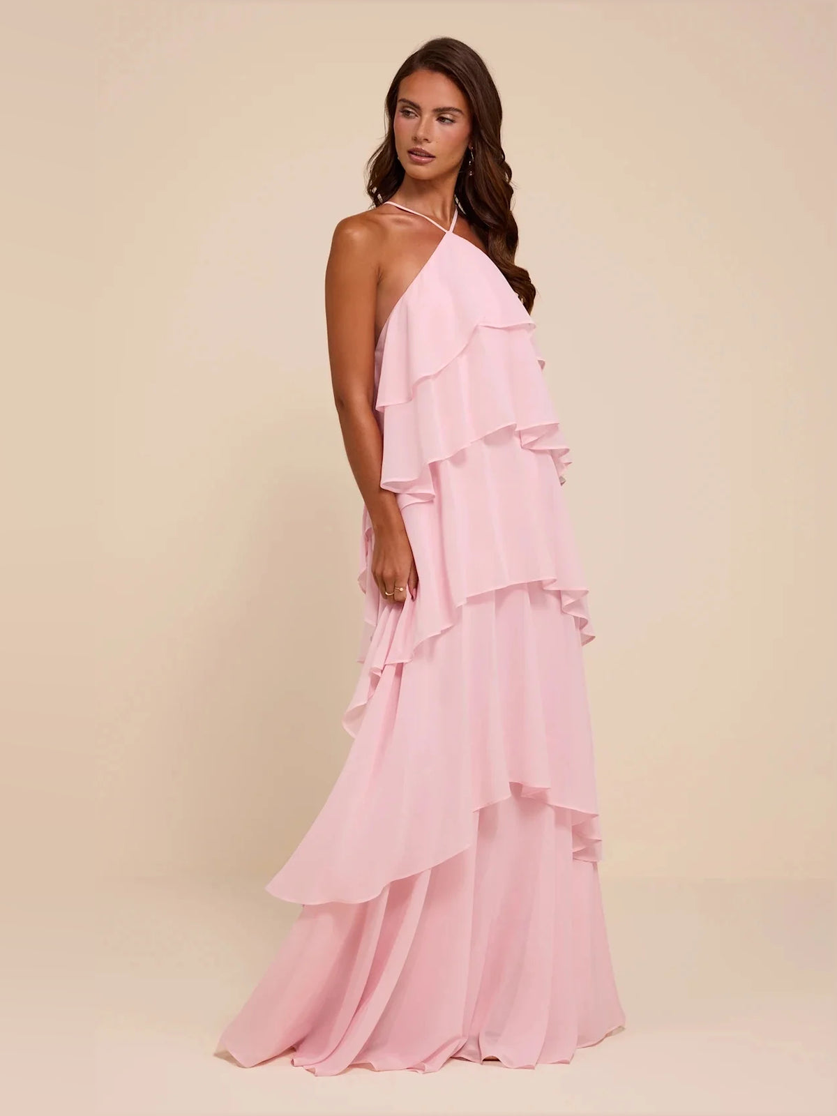 Draped Tiered Ruffled V Neck A-Line Maxi Chiffon Bridesmaid Dress for Wedding Reception