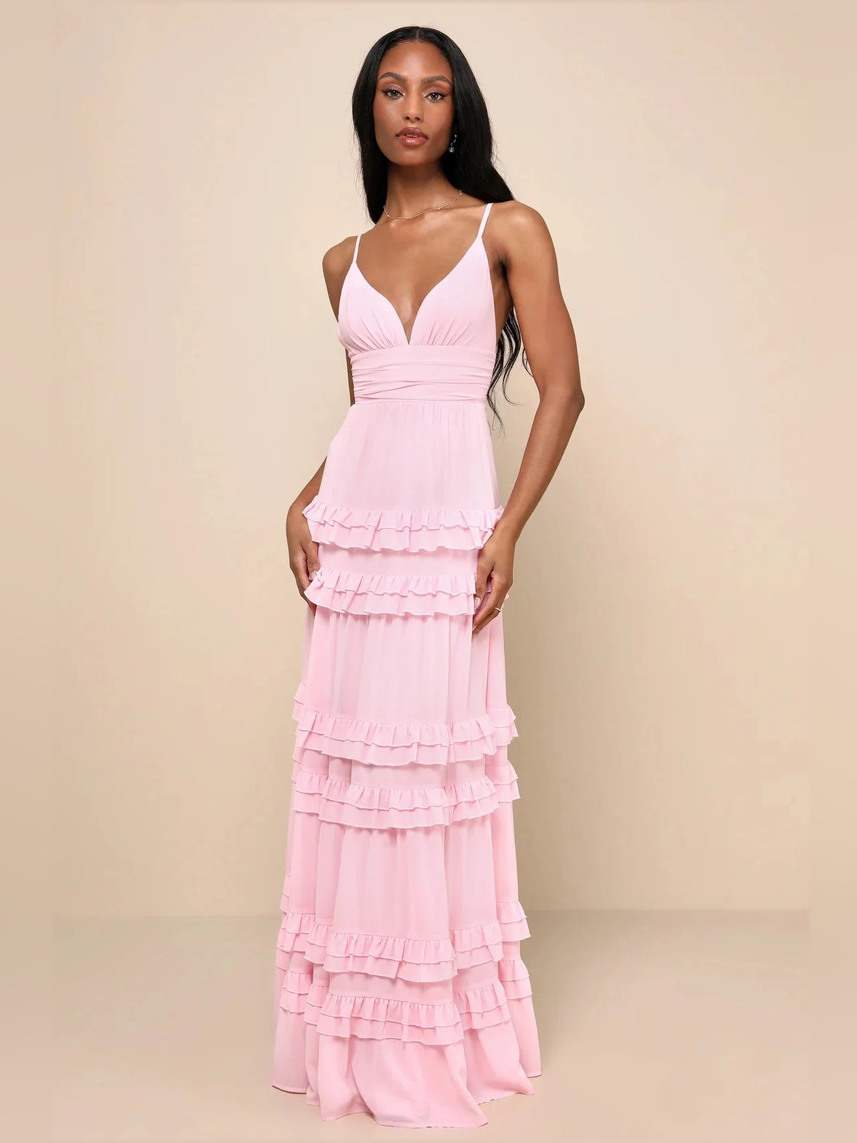 Ruched Tiered Ruffled V Neck A-Line Maxi Chiffon Bridesmaid Dress for Bridal Party