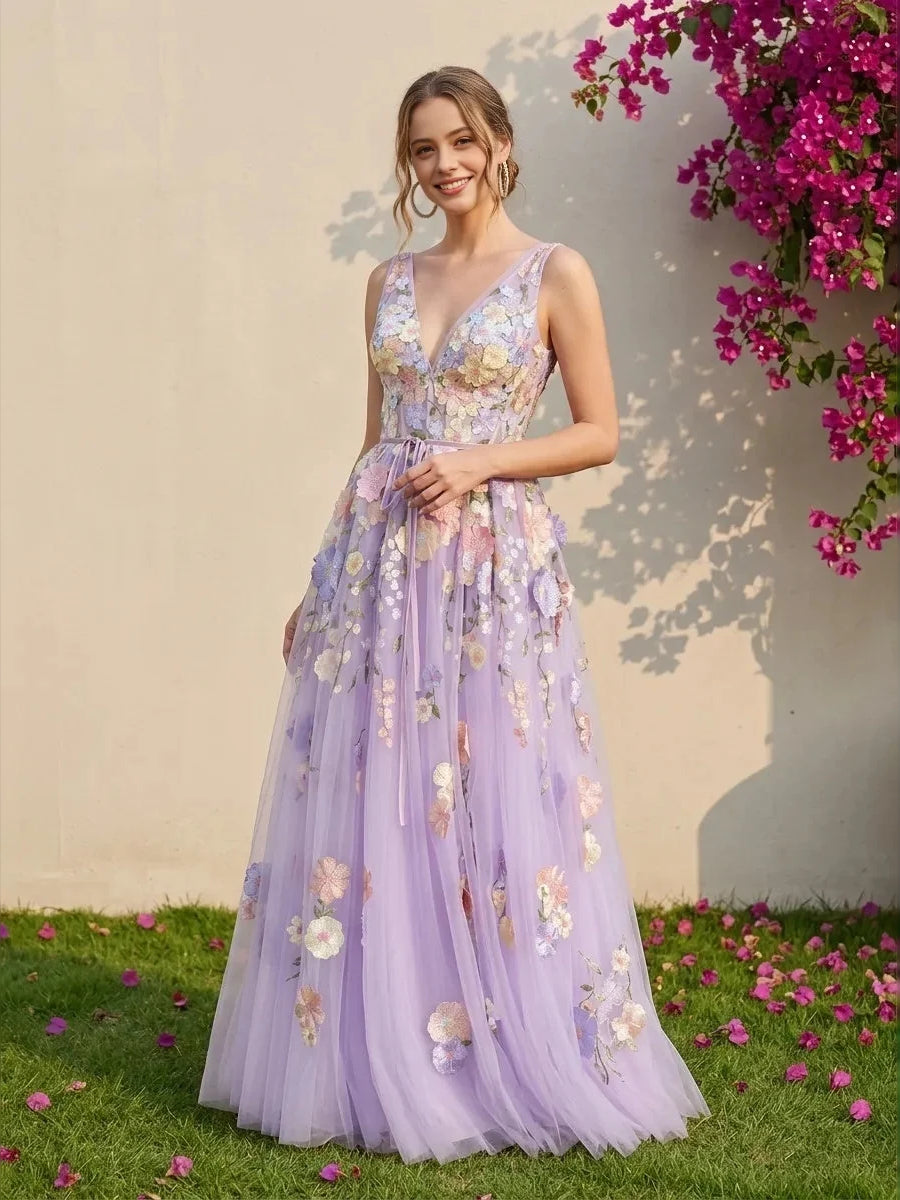 Flower-Applique Floral V Neck A-Line Floor-Length Tulle Wedding Dress for Wedding Ceremony