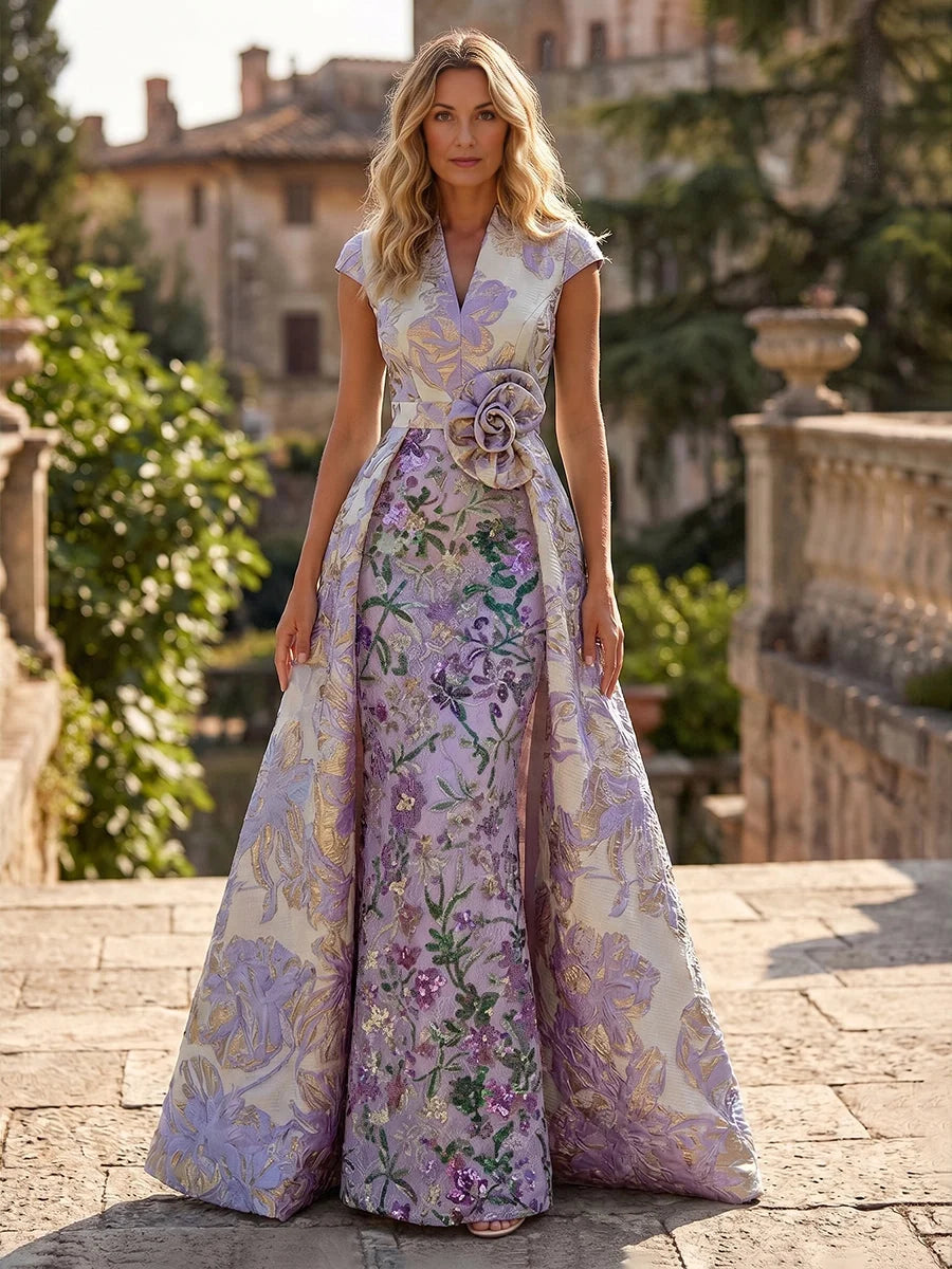 Layered Embroidered Floral V Neck A-Line Floor-Length Mother of the Bride Dress for Destination Wedding