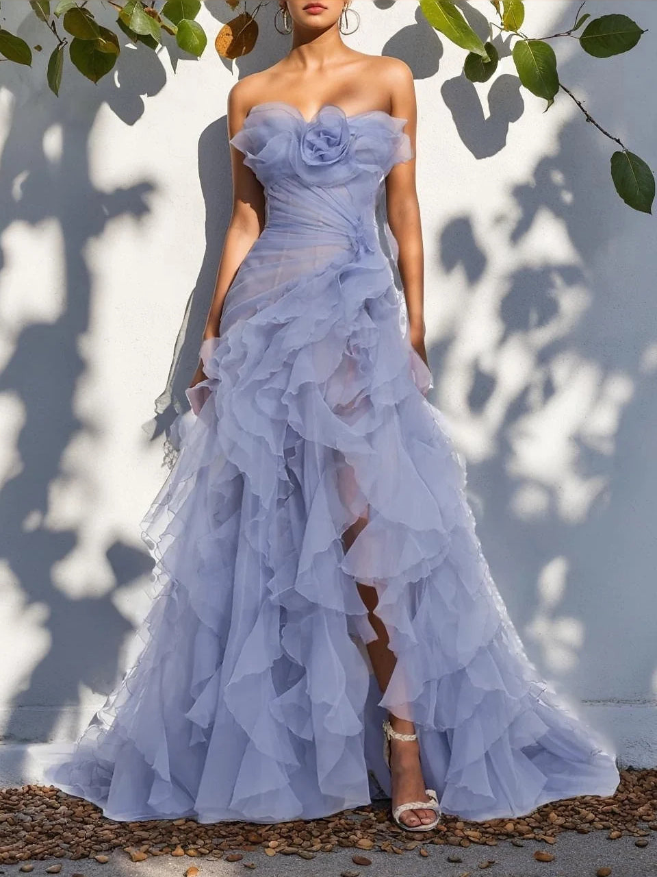 Light Purple Ruched Tiered Floral Ruffled Strapless Mermaid Floor-Length Tulle Prom Dress for Hotel Gala
