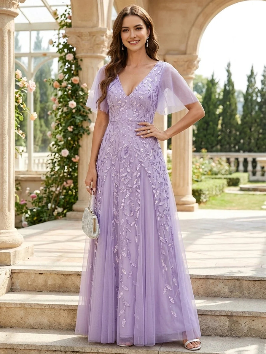 Layered Embroidered V Neck A-Line Floor-Length Tulle Mother of the Bride Dress for Evening Wedding