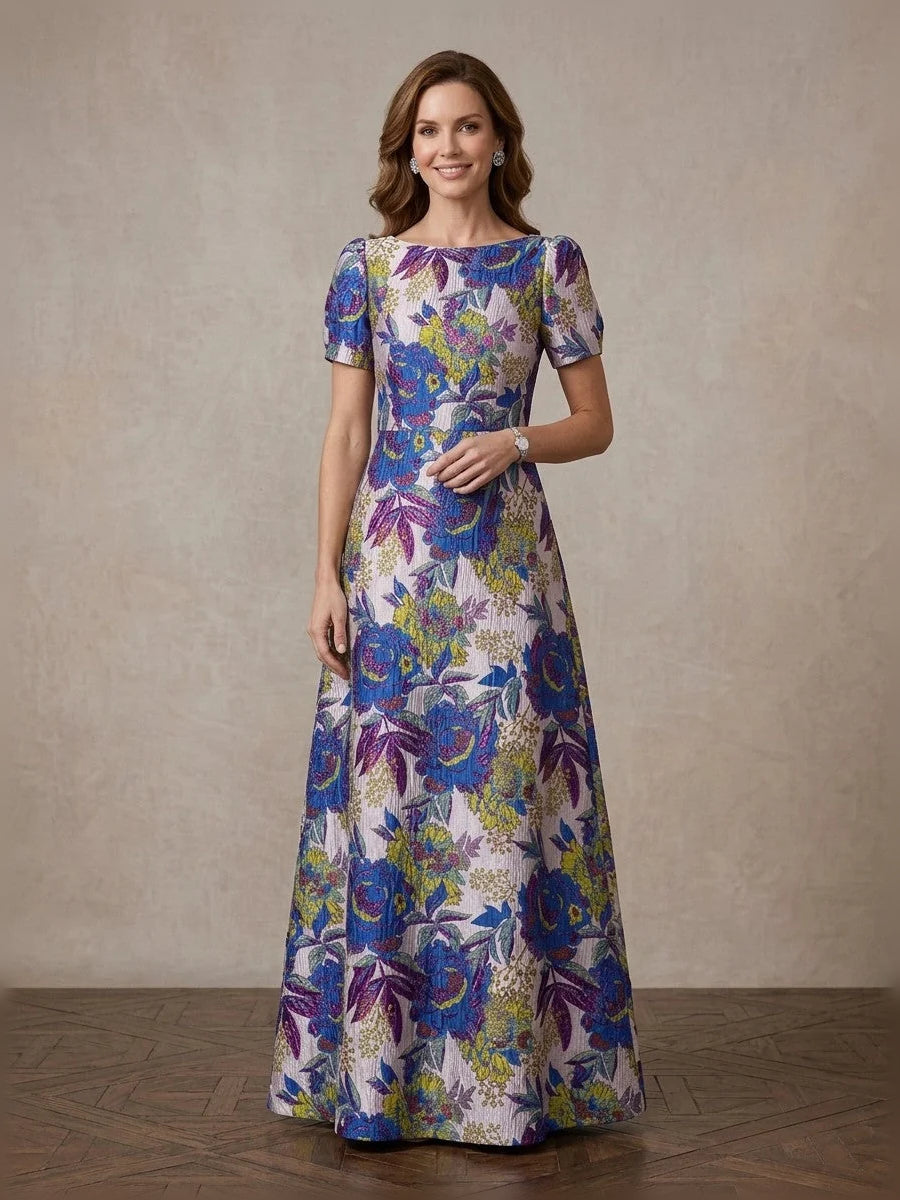 Floral Boat Neck A-Line Floor-Length Mother of the Bride Dress for Evening Reception
