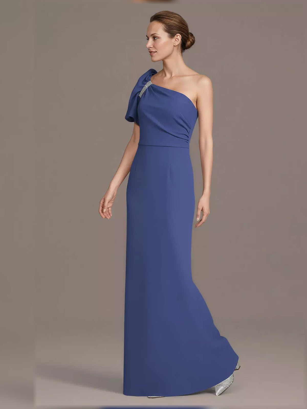 Bow Rhinestone One Shoulder Sheath Maxi Crepe Mother of the Bride Dress for Wedding Ceremony