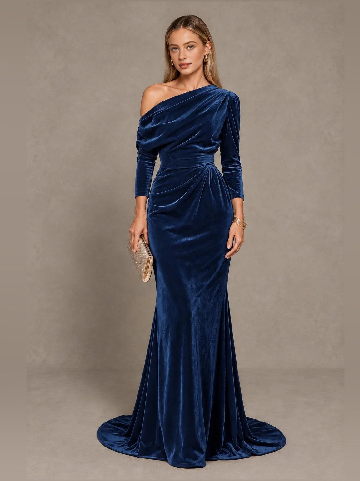 Draped One Shoulder Mermaid Floor-Length Velvet Bridesmaid Dress for Bridal Party