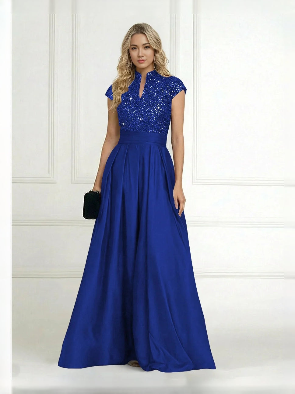 Pleated Sequin High Neck A-Line Floor-Length Satin Mother of the Bride Dress for Ceremony Dinner