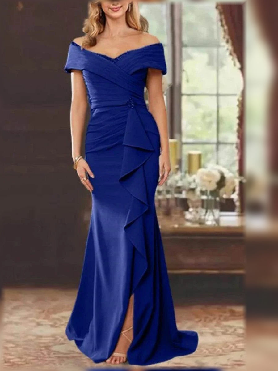 Ruched Draped Ruffled Slit Off Shoulder Mermaid Floor-Length Mother of the Bride Dress for Wedding Weekend