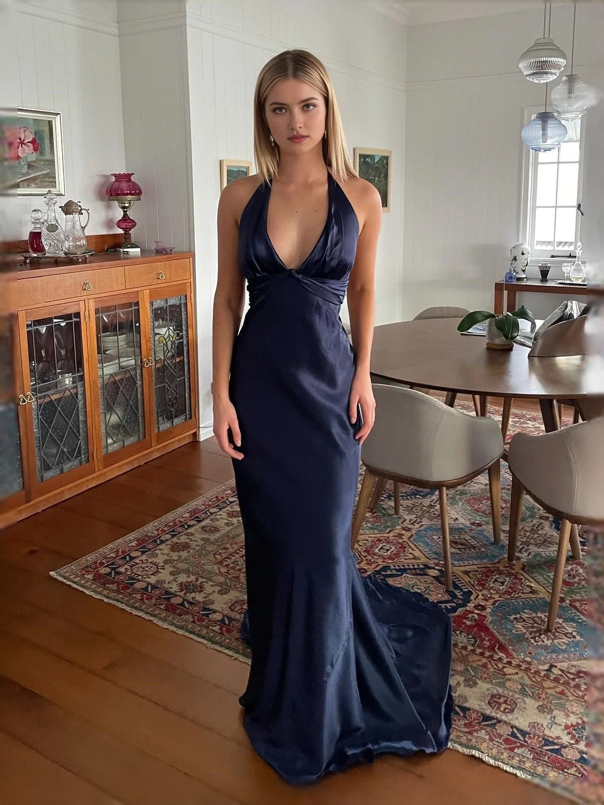 Bow V Neck Sheath Floor-Length Satin Bridesmaid Dress for Garden Wedding