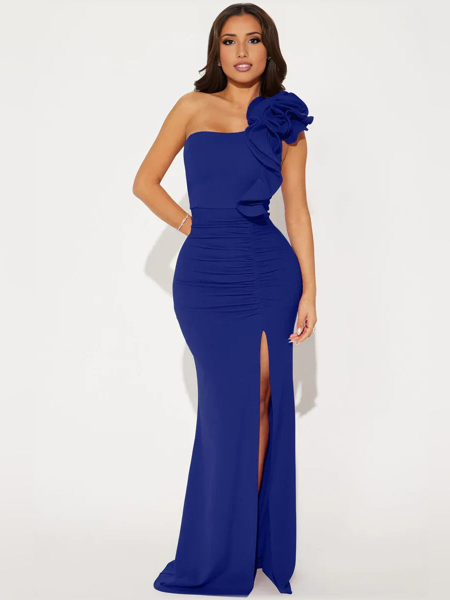 Floral Print One-Shoulder Ruching Floor-Length Glamorous Formal Dress