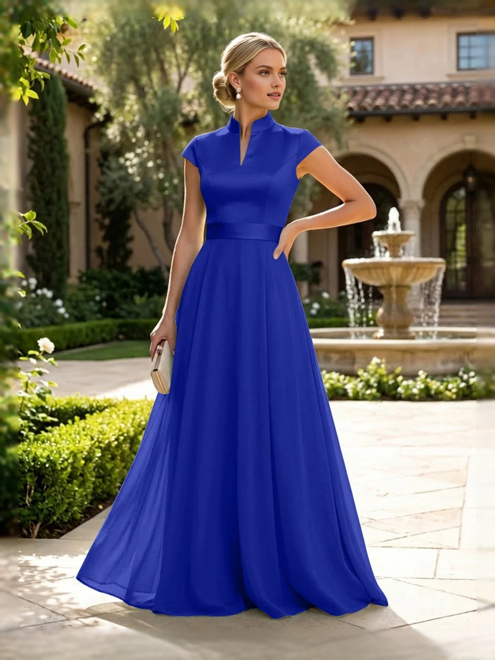 Slit High Neck A-Line Floor-Length Satin Mother of the Bride Dress for Bridal Luncheon