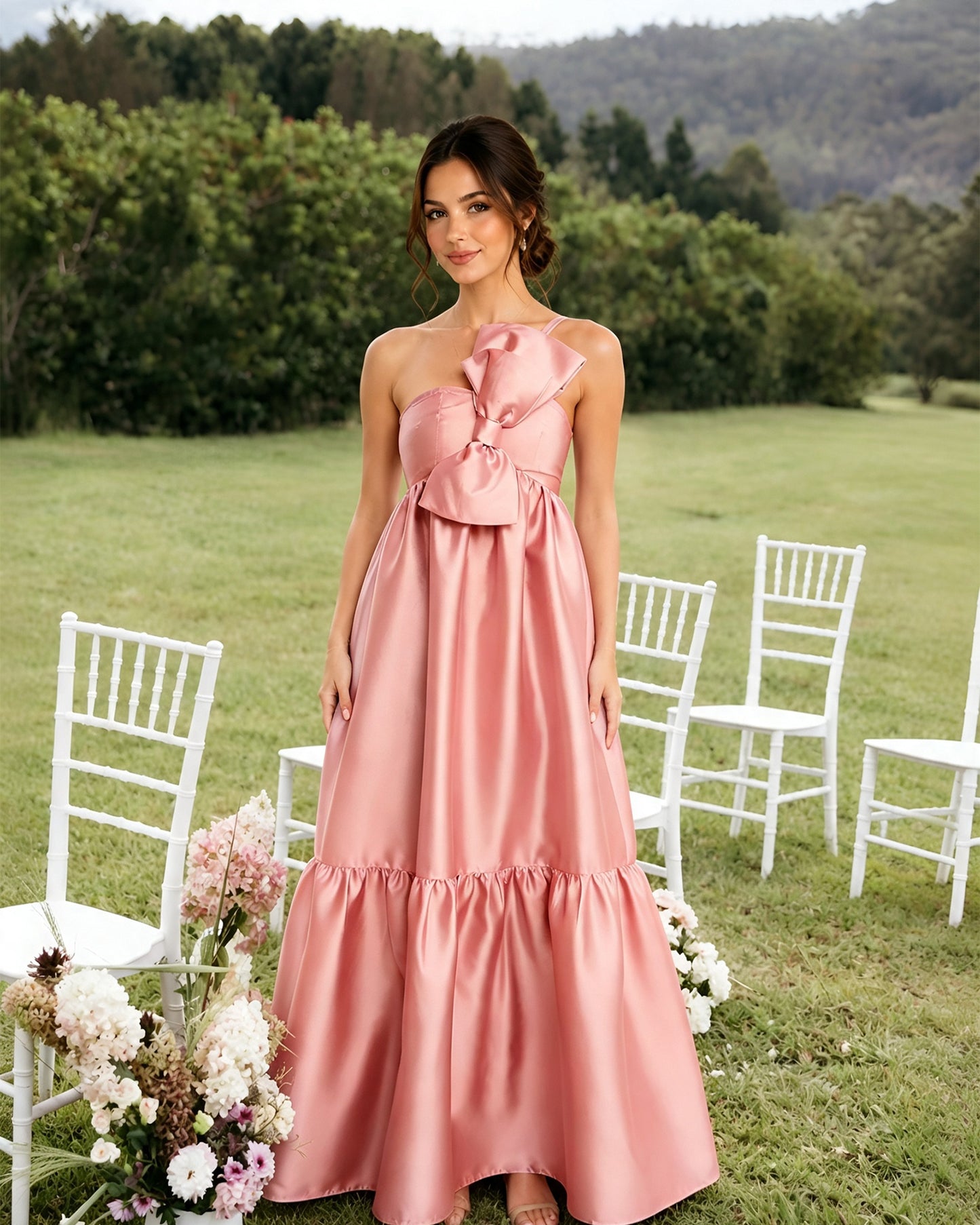 One-Shoulder Satin A-Line Bridesmaid Dress with Statement Ruffle