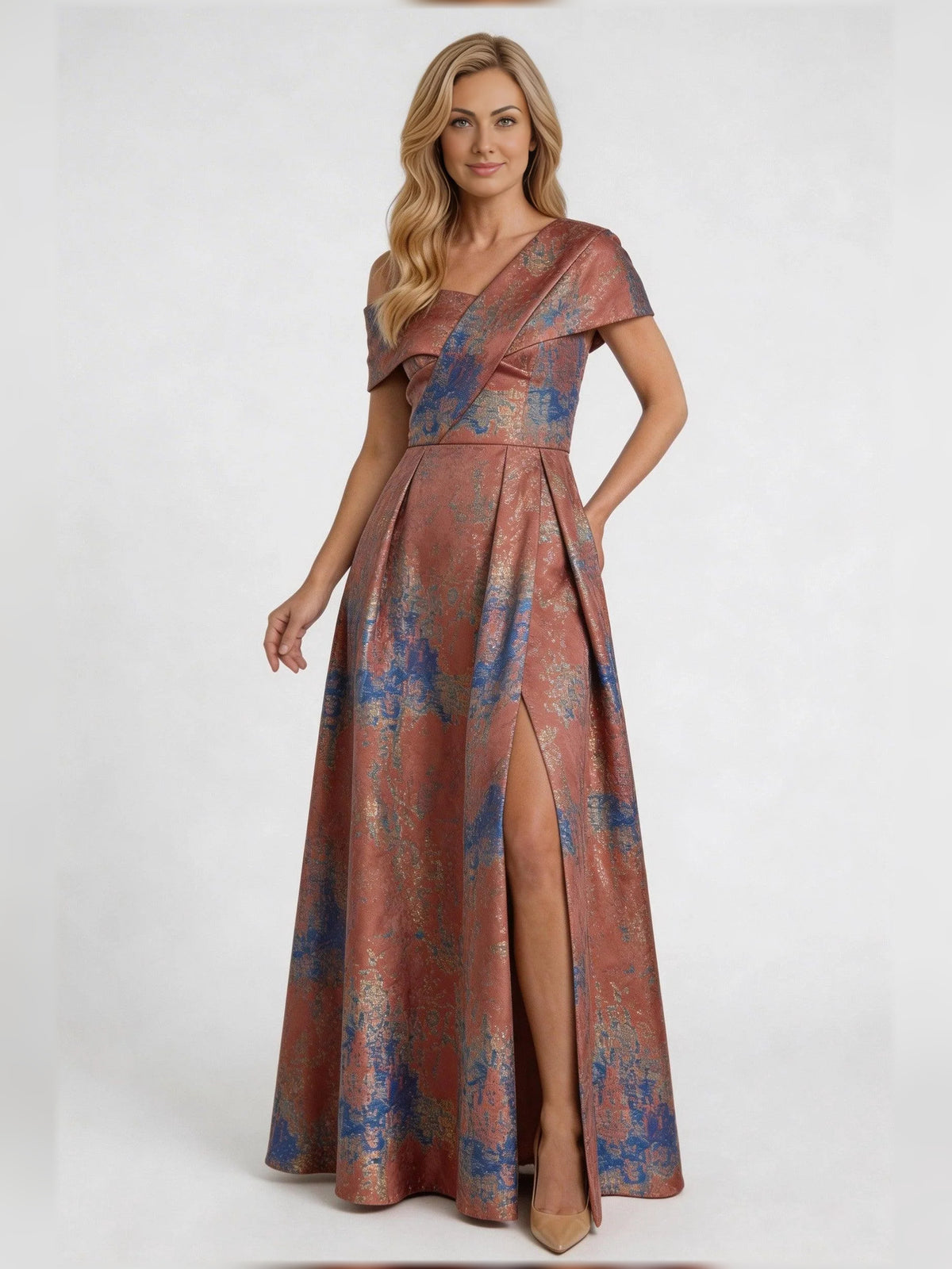 Side-Slit Slit Asymmetrical Neck A-Line Floor-Length Mother of the Bride Dress for Wedding Ceremony