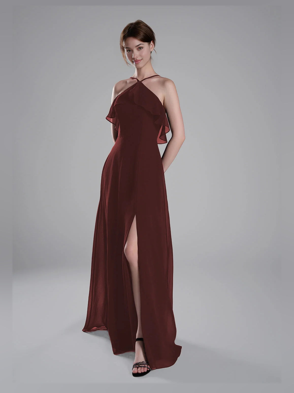 Side-Slit Ruffled Slit Halter Neck A-Line Floor-Length Chiffon Bridesmaid Dress for Formal Wedding