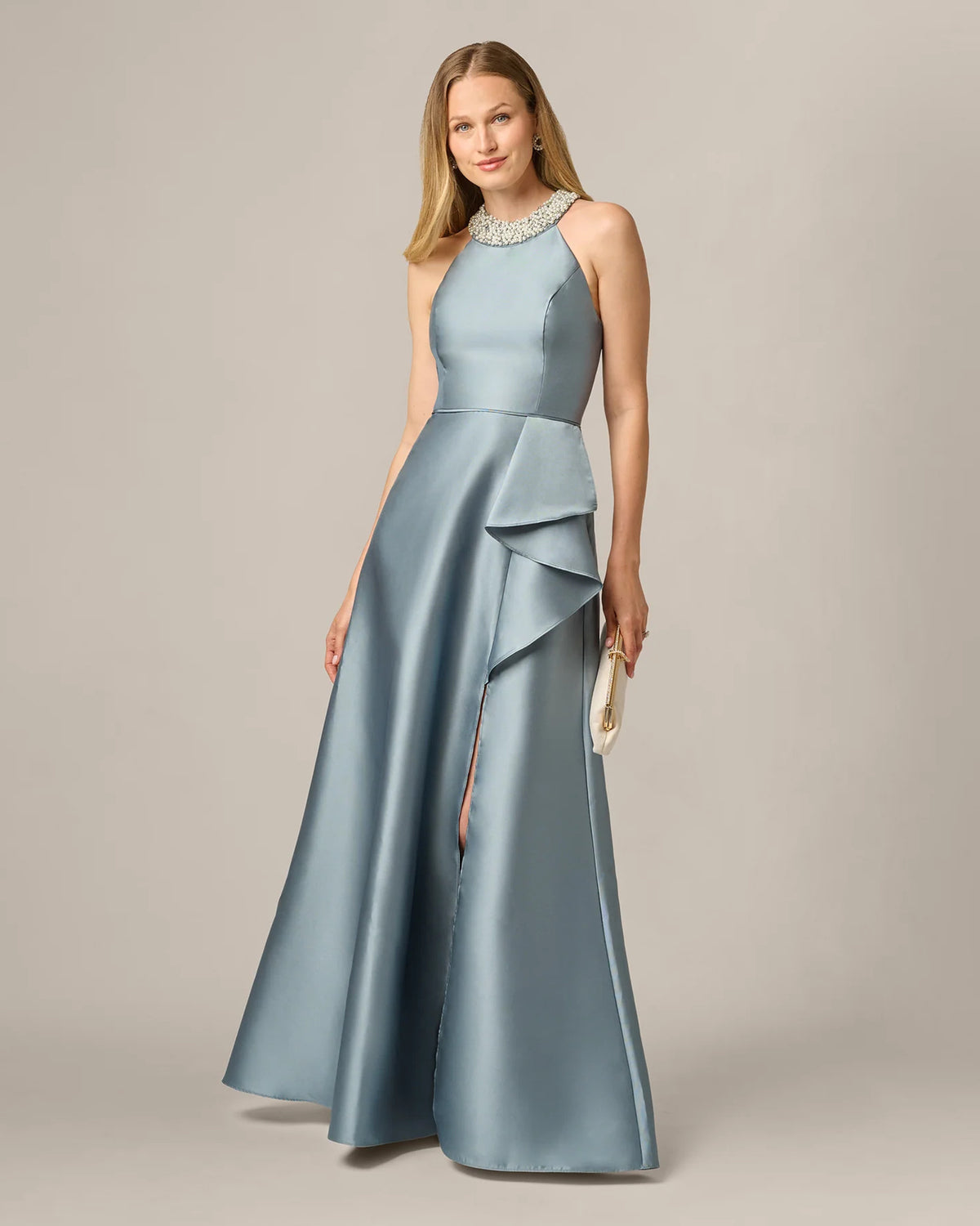 Draped Halter Neck A-Line Maxi Mother of the Bride Dress for Wedding Dinner